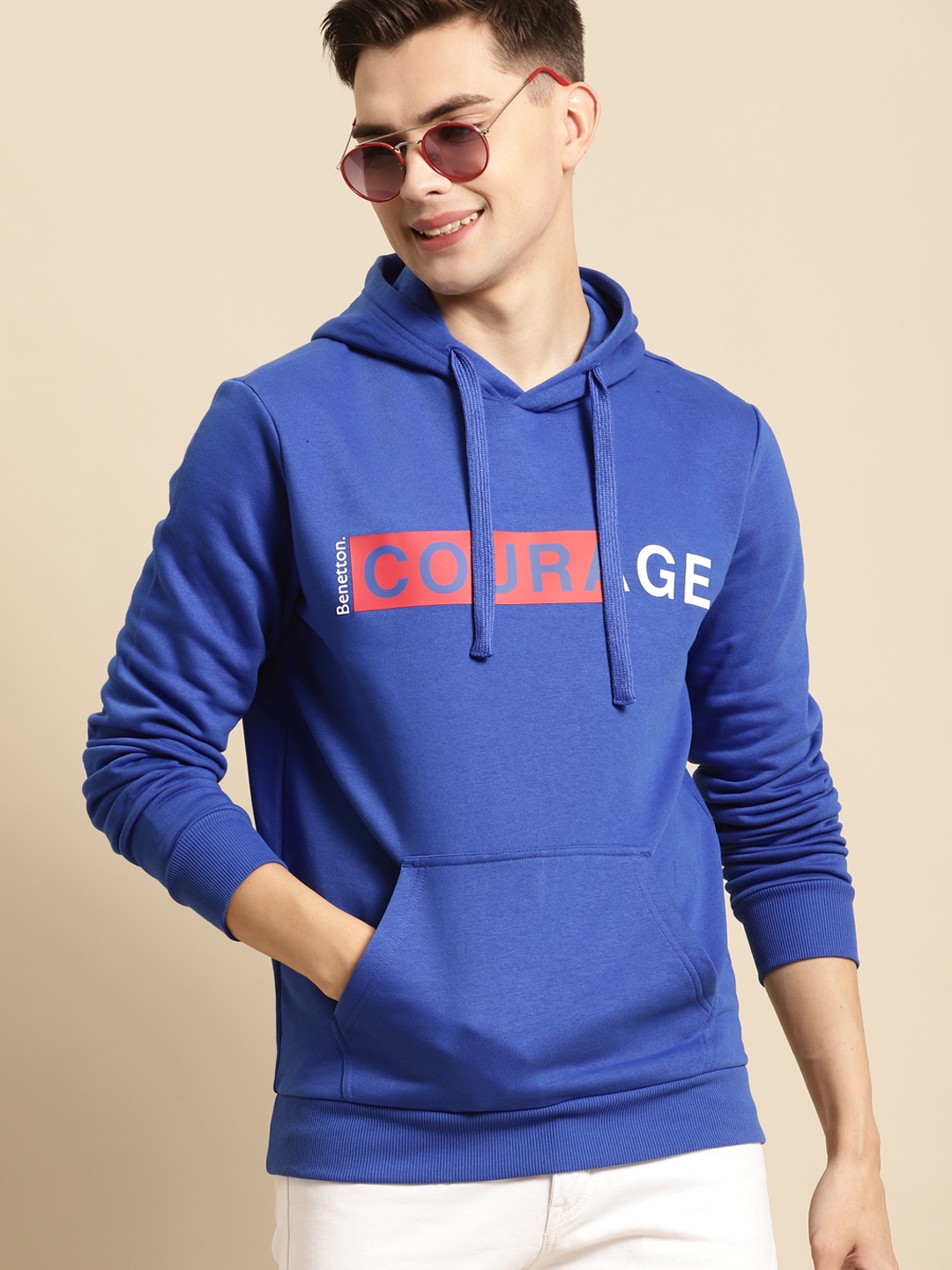 

United Colors of Benetton Men Blue Printed Hooded Sweatshirt