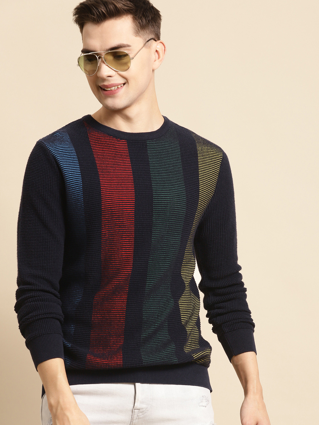 

United Colors of Benetton Men Navy Blue & Red Cotton Striped Pullover Sweater
