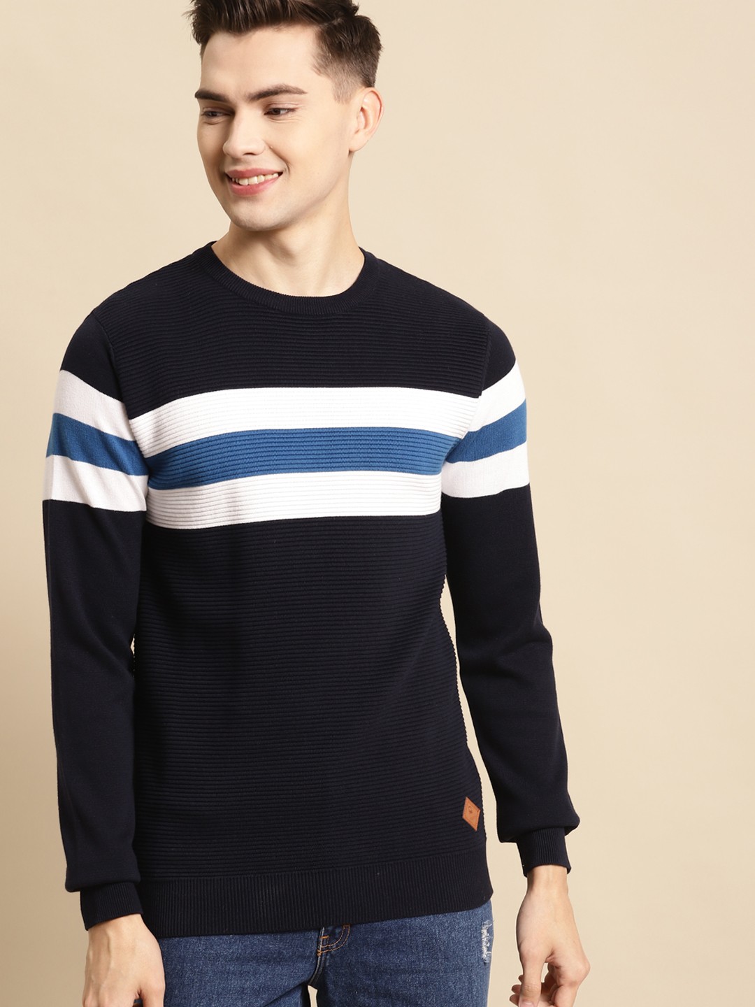 

United Colors of Benetton Men Navy Blue & White Striped Pullover