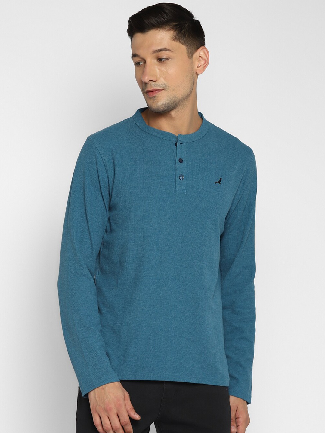 

American Crew Men Teal Henley Neck Pockets T-shirt