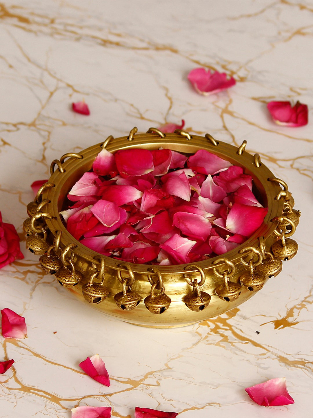 

eCraftIndia Gold Toned Handcrafted Brass Designer Urli With Bells