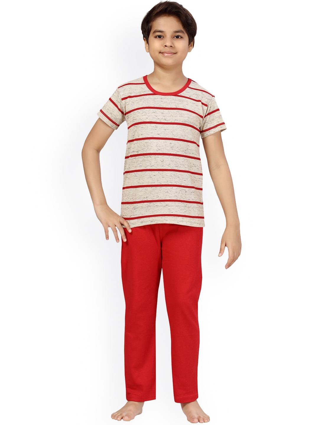 

LITTLE MAFIA BY Aarika Boys Red & Off White Striped Pure Cotton Night suit
