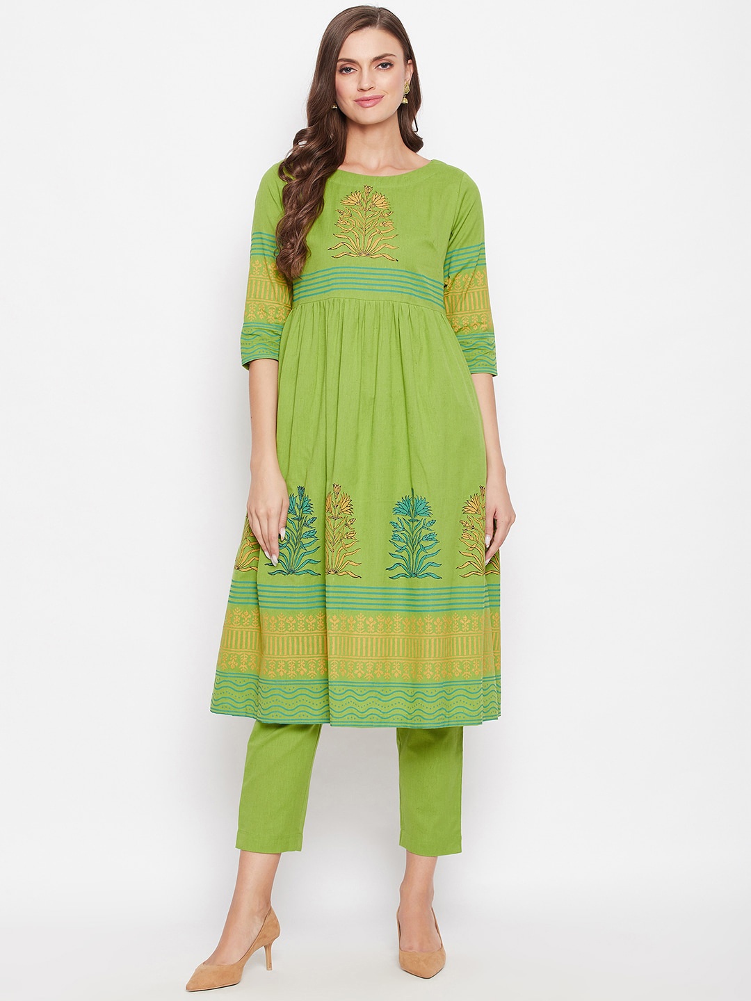 

Bitterlime Women Green Ethnic Motifs Printed Empire Pure Cotton Kurta with Trousers