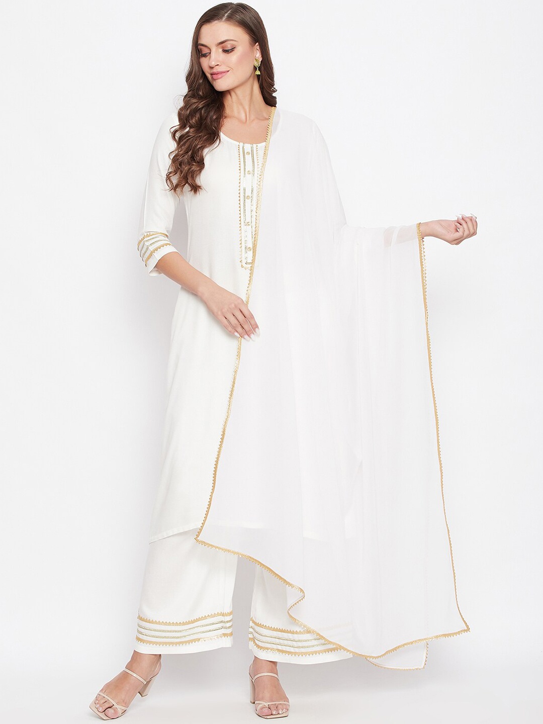 

Bitterlime Women White Yoke Design Regular Gotta Patti Kurta with Palazzos & With Dupatta
