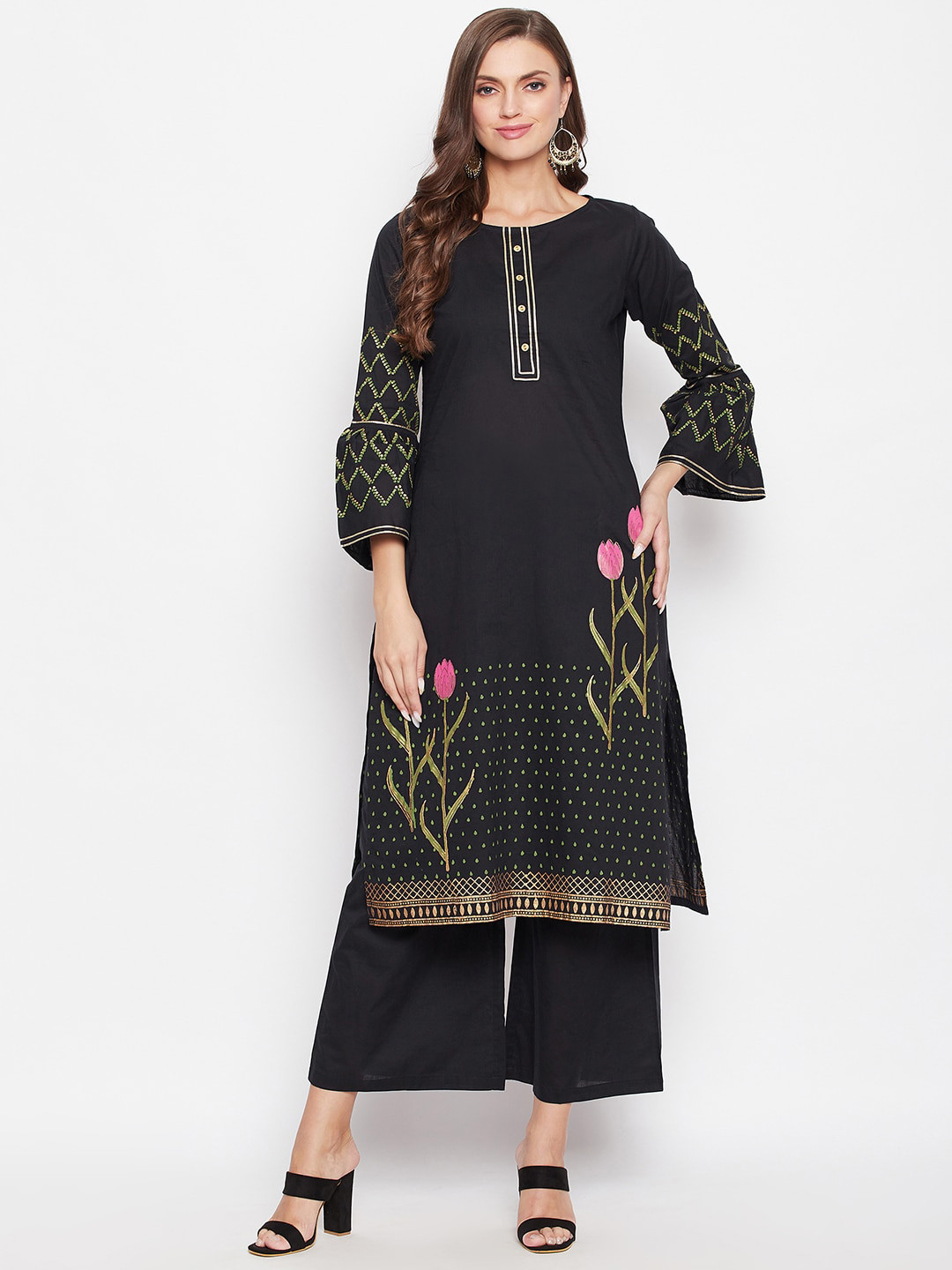 

Bitterlime Women Black Floral Printed Regular Gotta Patti Pure Cotton Kurta with Palazzos