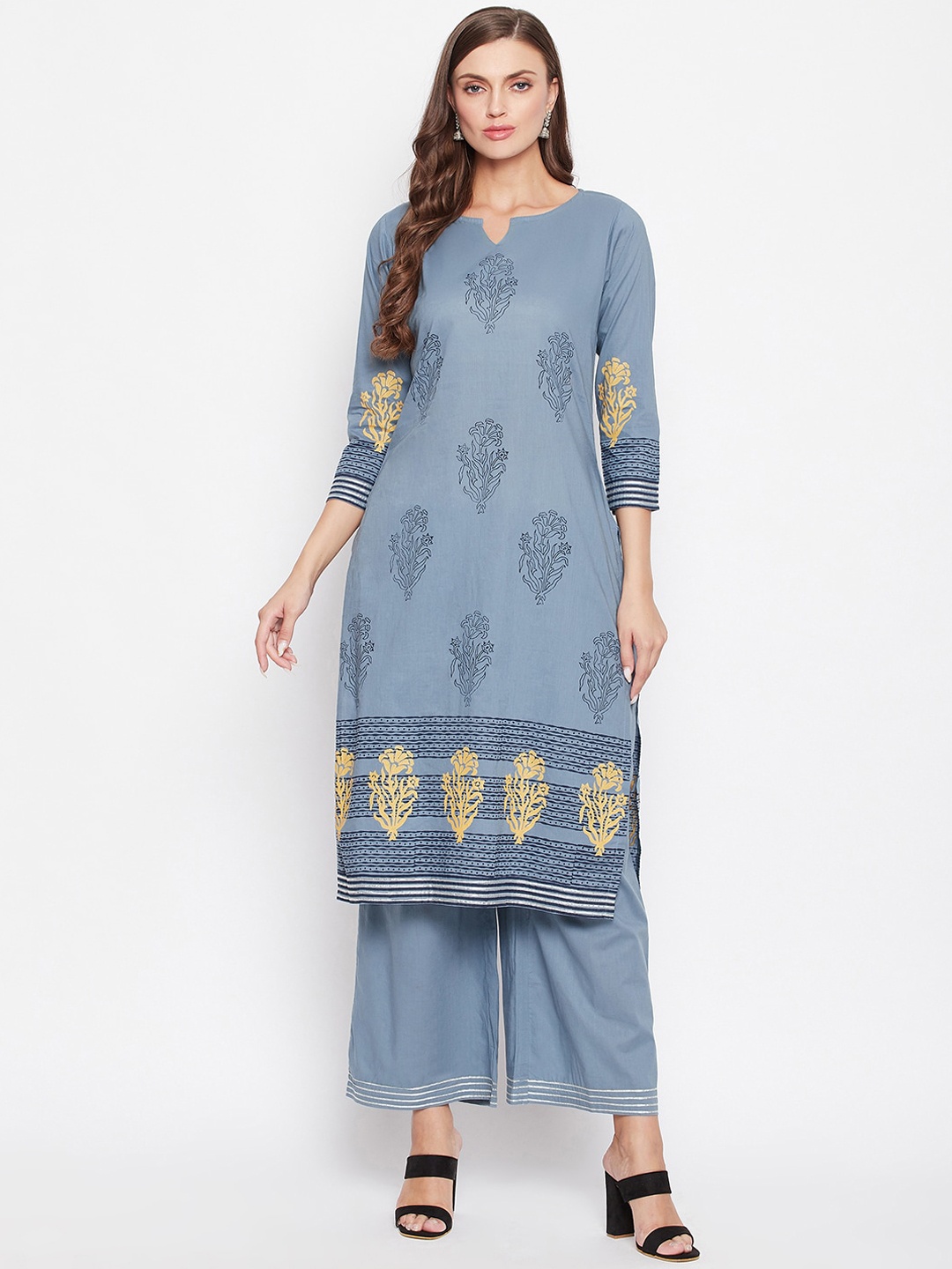 

Bitterlime Women Grey Ethnic Motifs Printed Regular Gotta Patti Pure Cotton Kurti with Palazzos