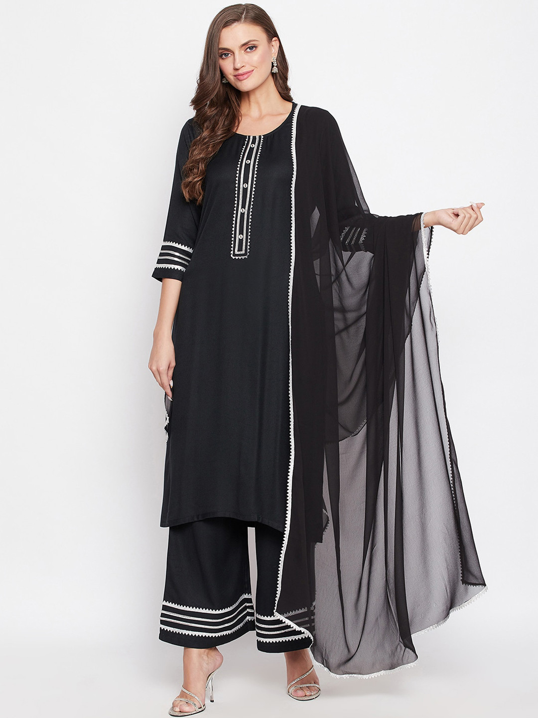 

Bitterlime Women Black Yoke Design Regular Gotta Patti Kurti with Palazzos & With Dupatta