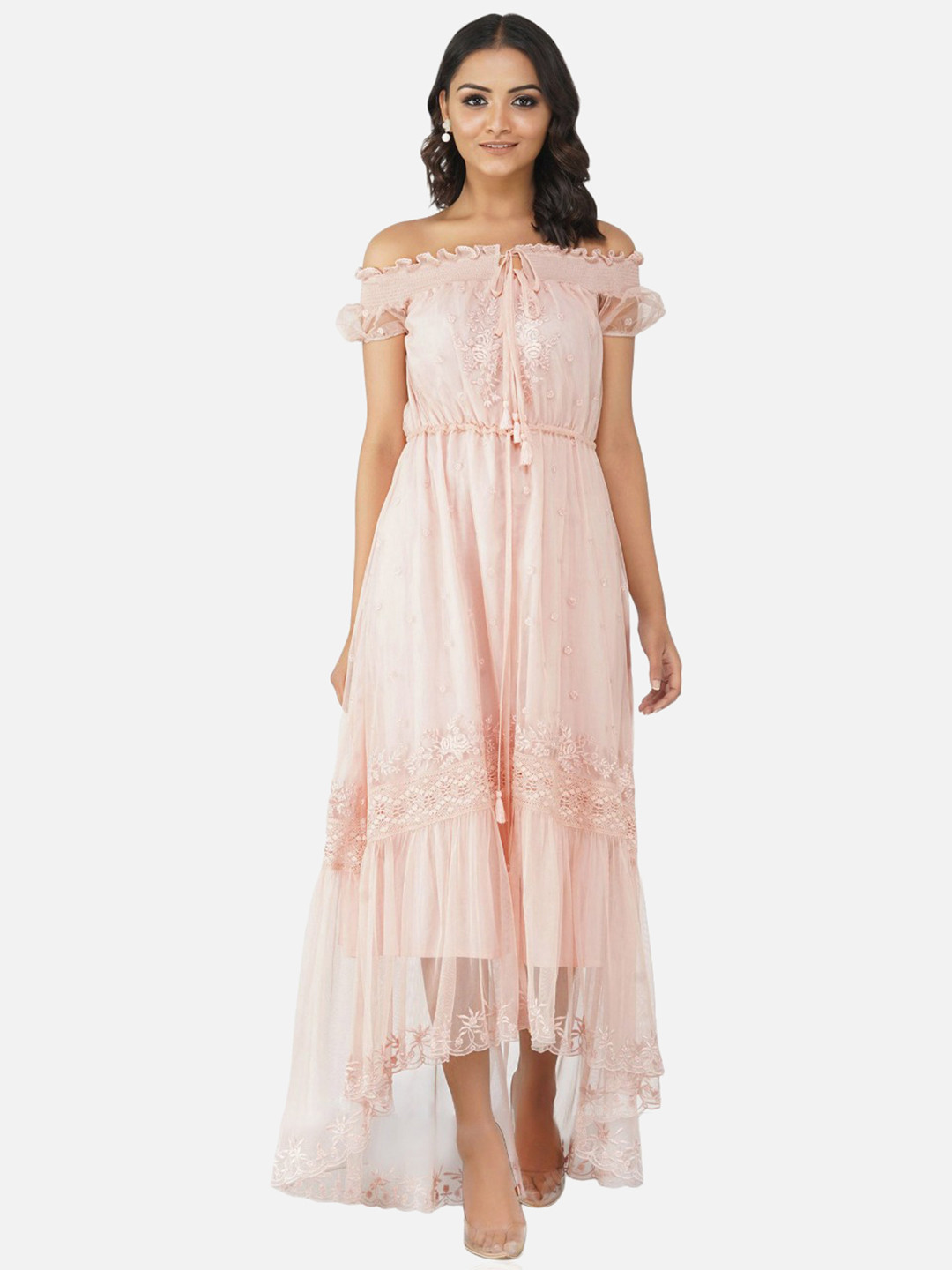 

ATTIC SALT Pink Floral Off-Shoulder Georgette Midi Dress