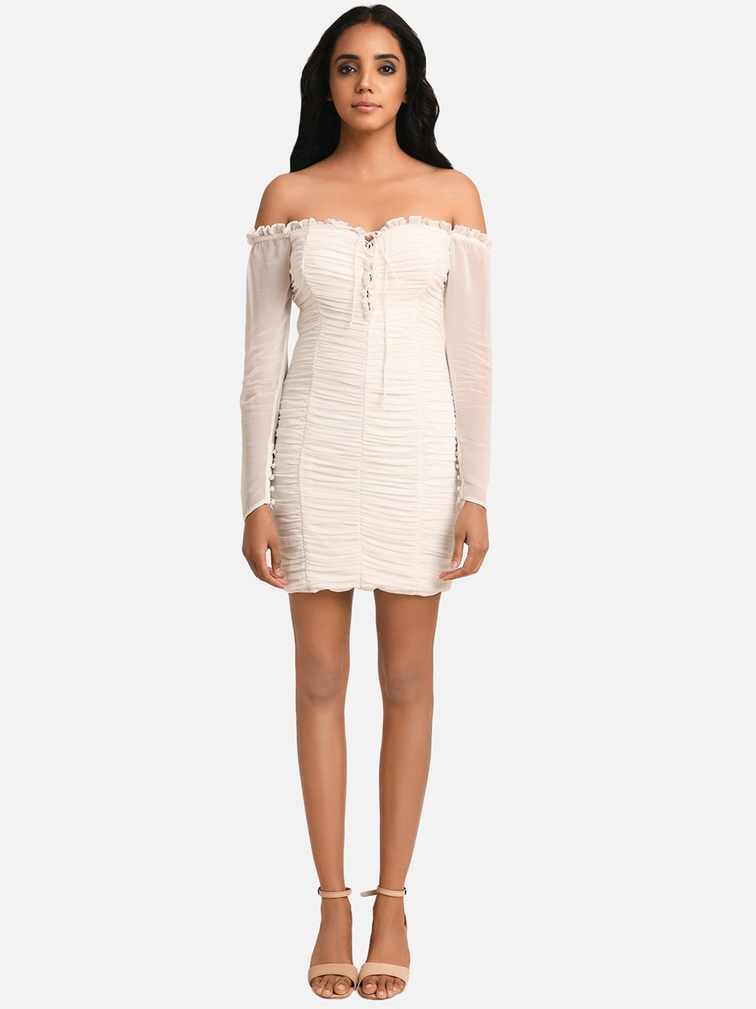 

ATTIC SALT White Off-Shoulder Georgette Bodycon Dress