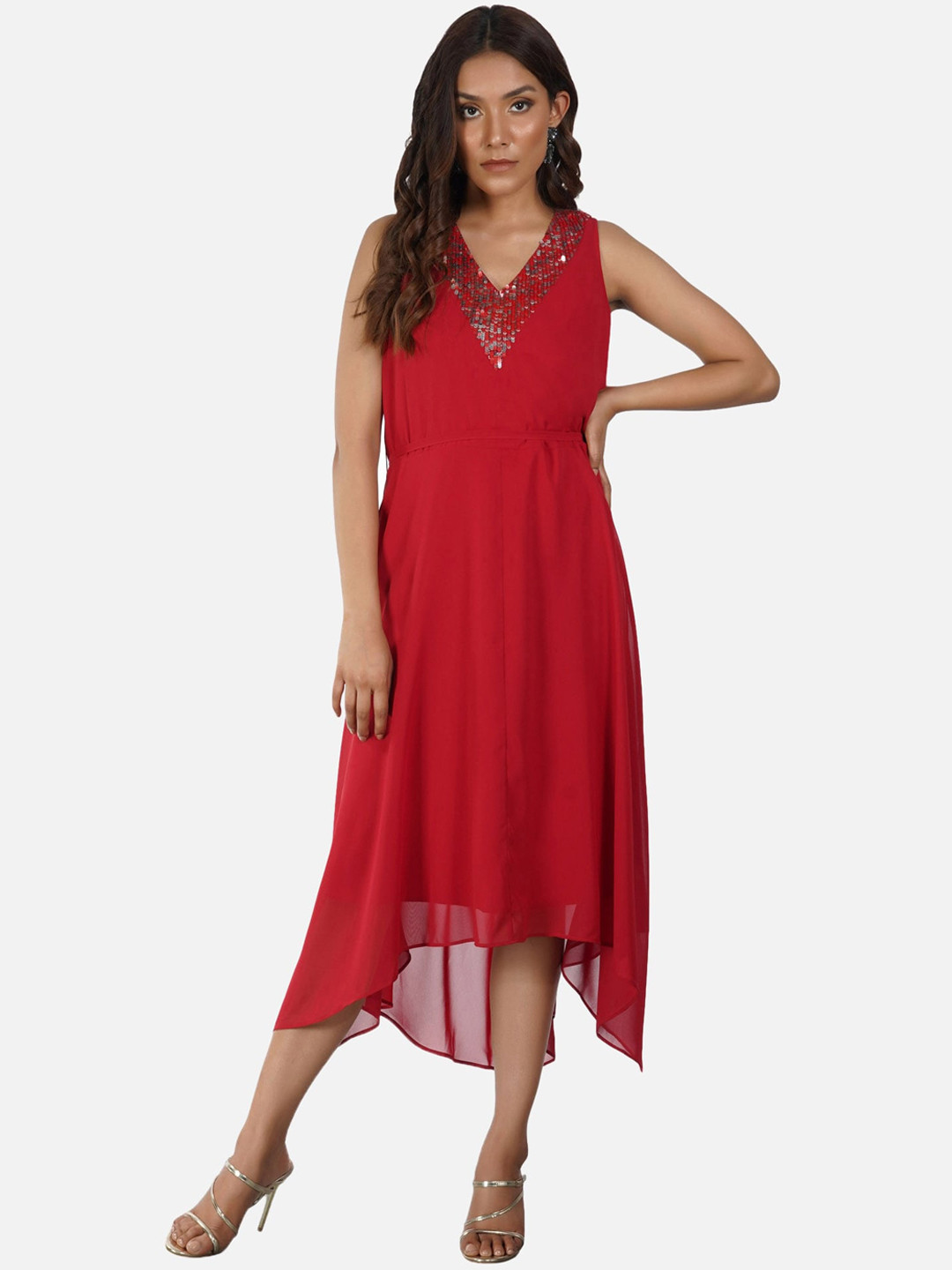 

ATTIC SALT Red Georgette Midi Dress
