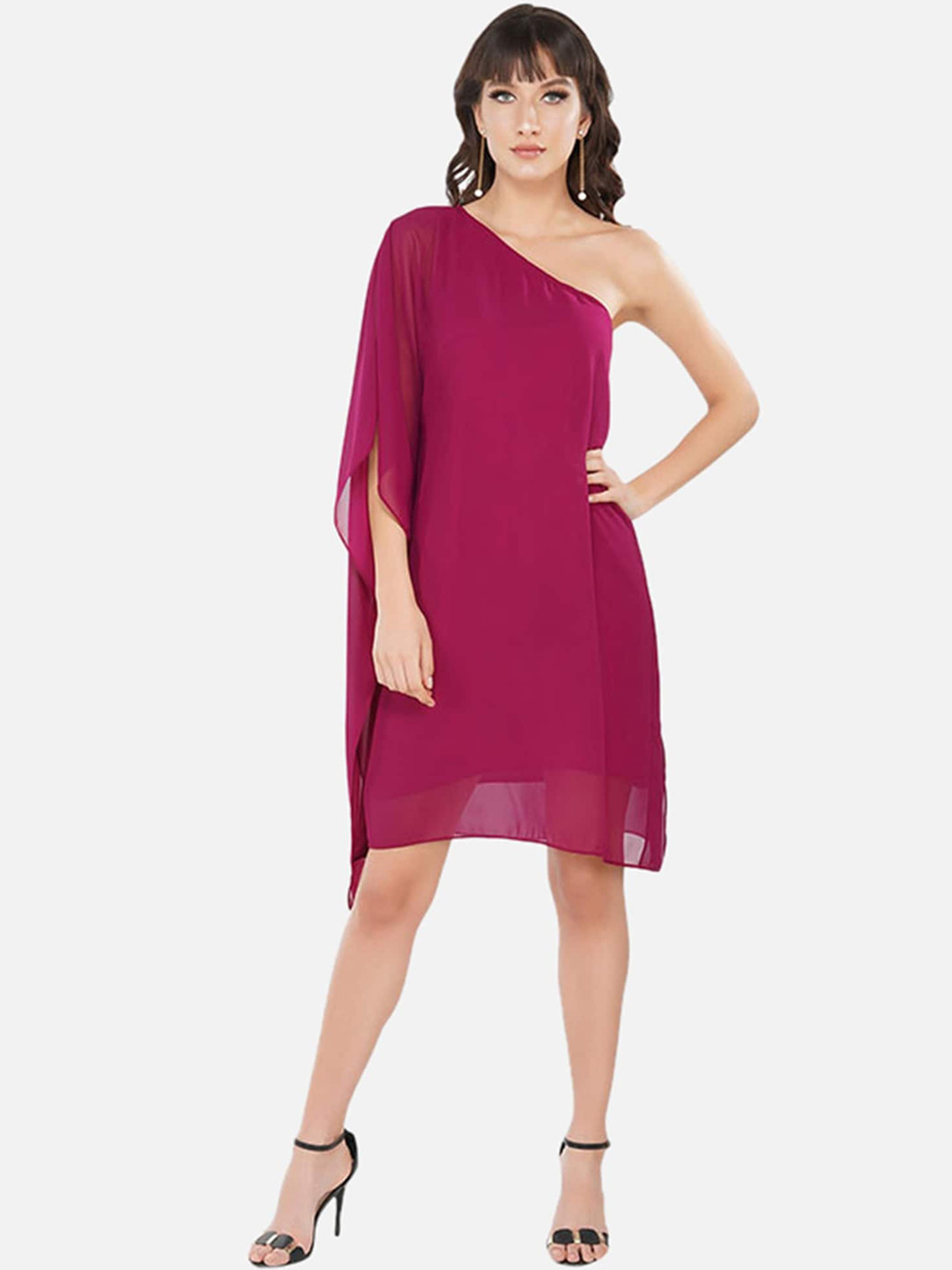 

ATTIC SALT Magenta One Shoulder Georgette A-Line Dress
