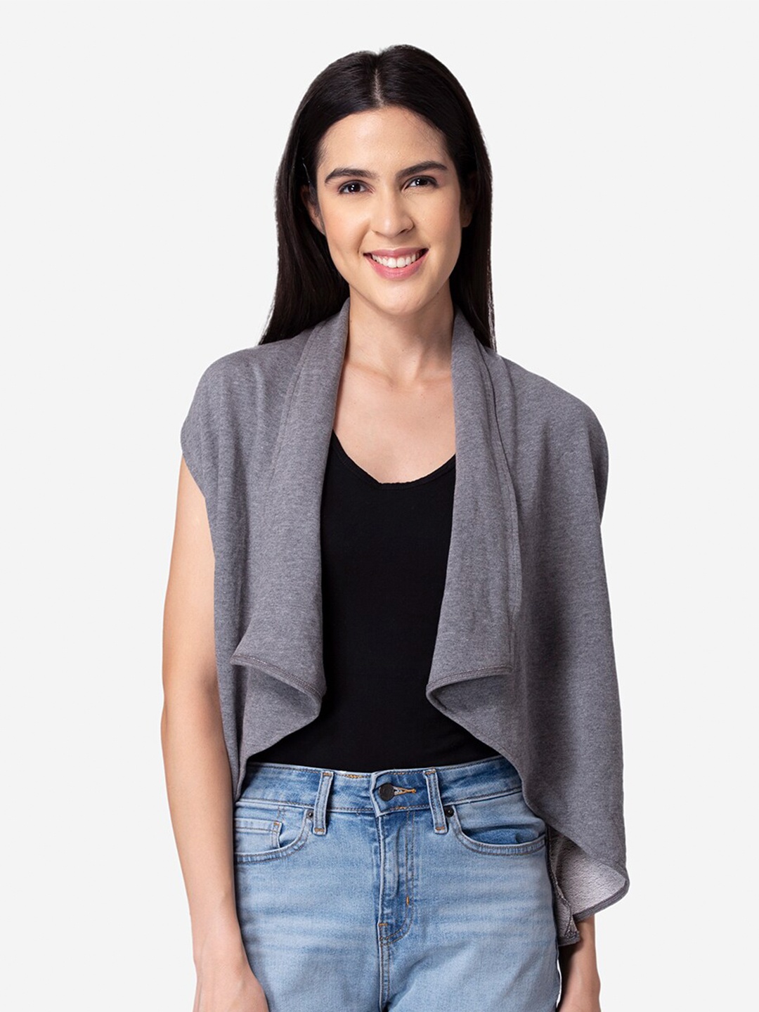 

Modriba Women Grey Asymmetric Cotton Open Front Shrug