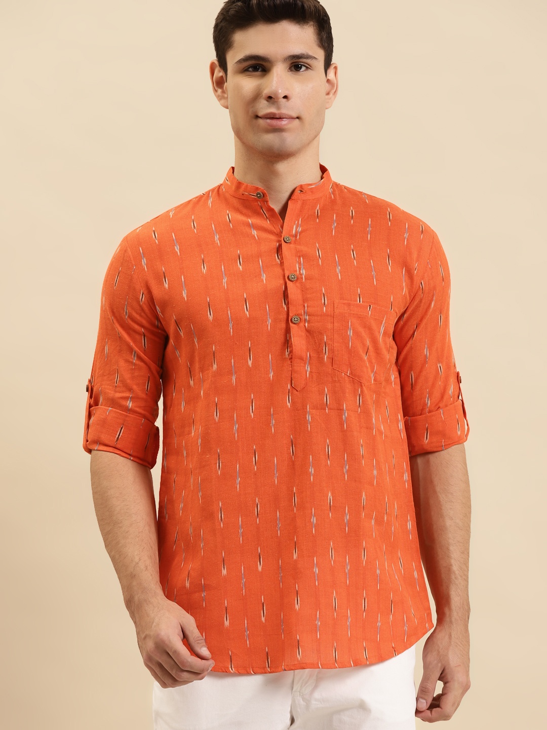 

RAJUBHAI HARGOVINDAS Men Orange Ikat Cotton Woven Design Kurta