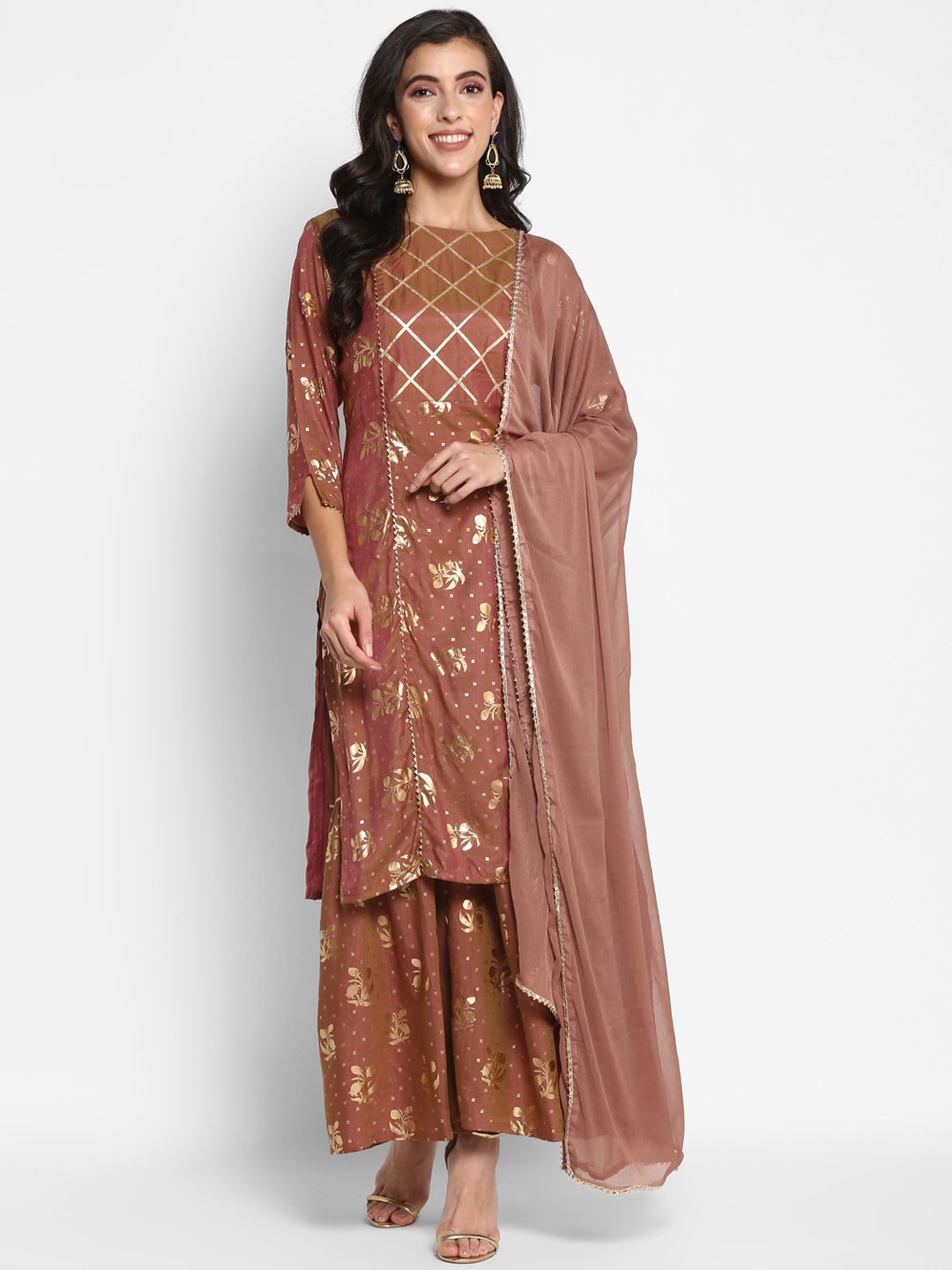 

VAABA Women Copper-Toned Ethnic Motifs Printed Kurta with Palazzos & Dupatta