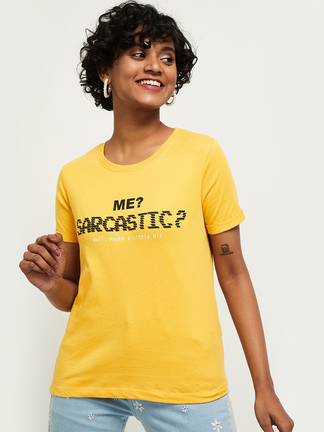 

max Women Yellow Typography Printed Raw Edge T-shirt