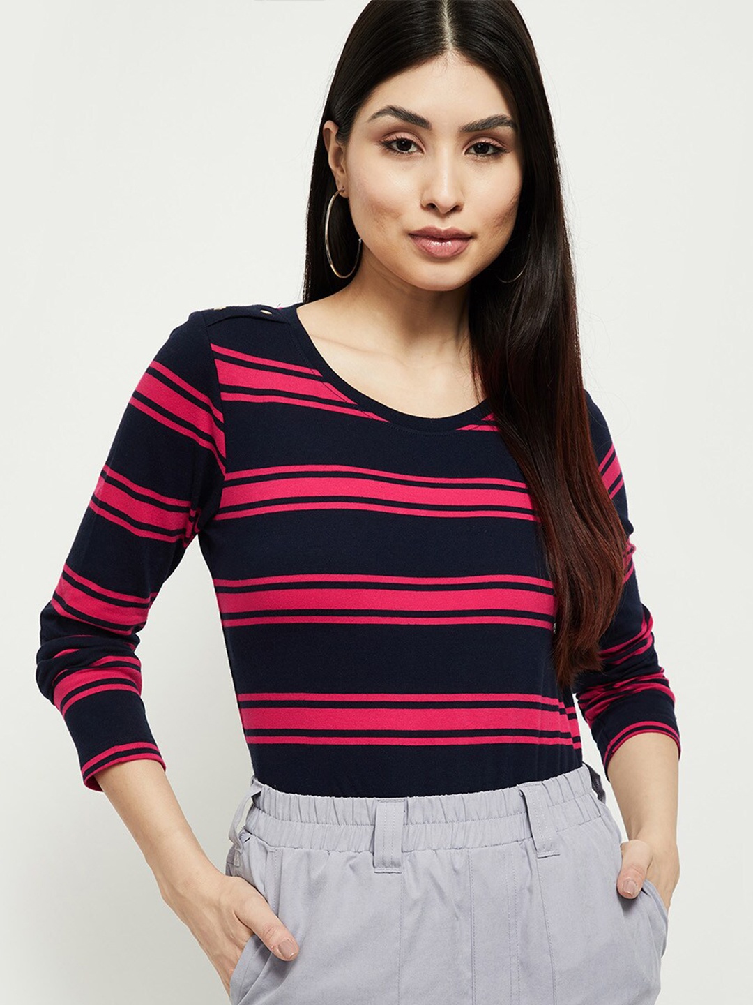 

max Women Navy Blue & Pink Striped T-shirt