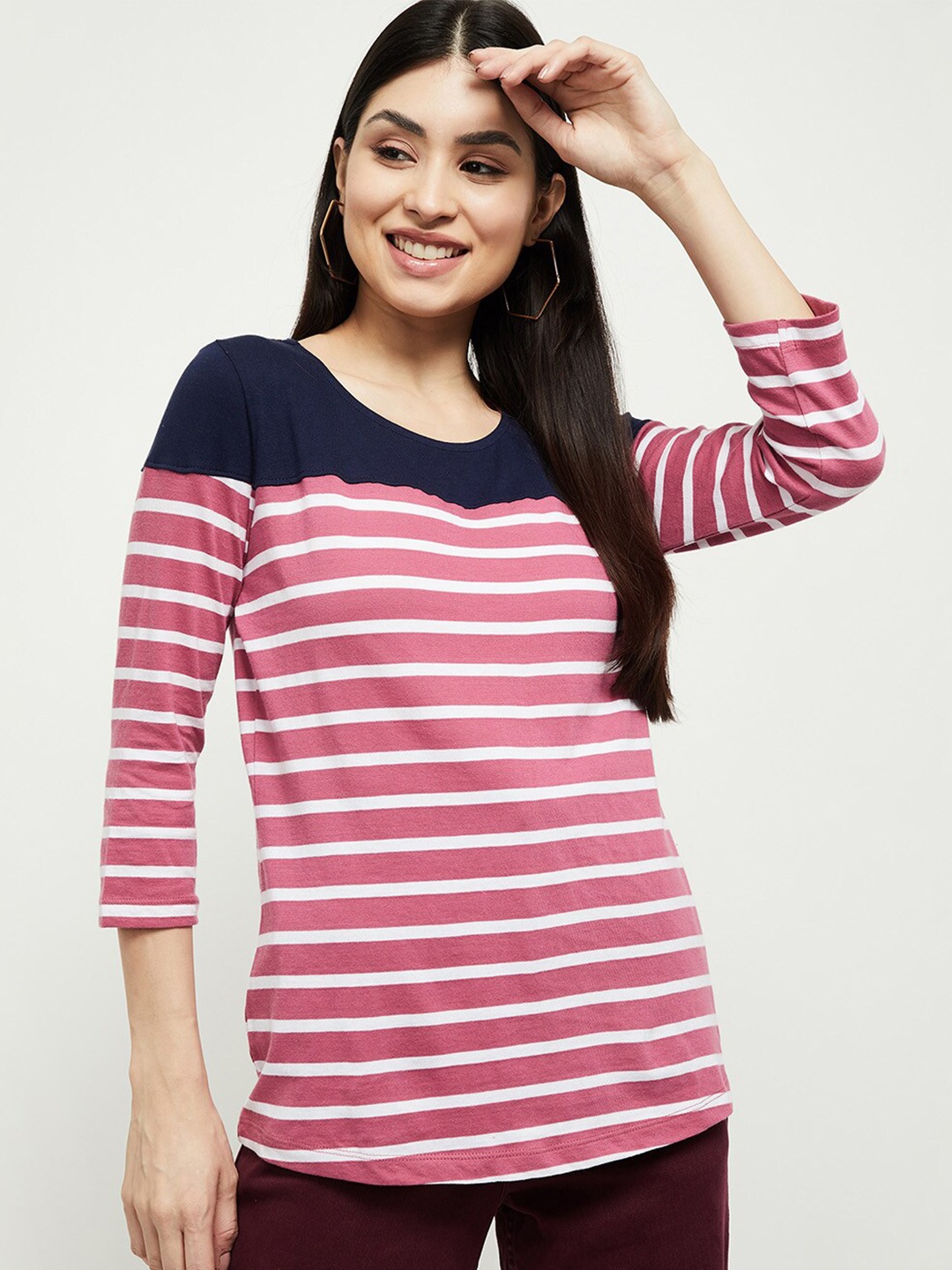 

max Women Navy Blue Striped T-shirt