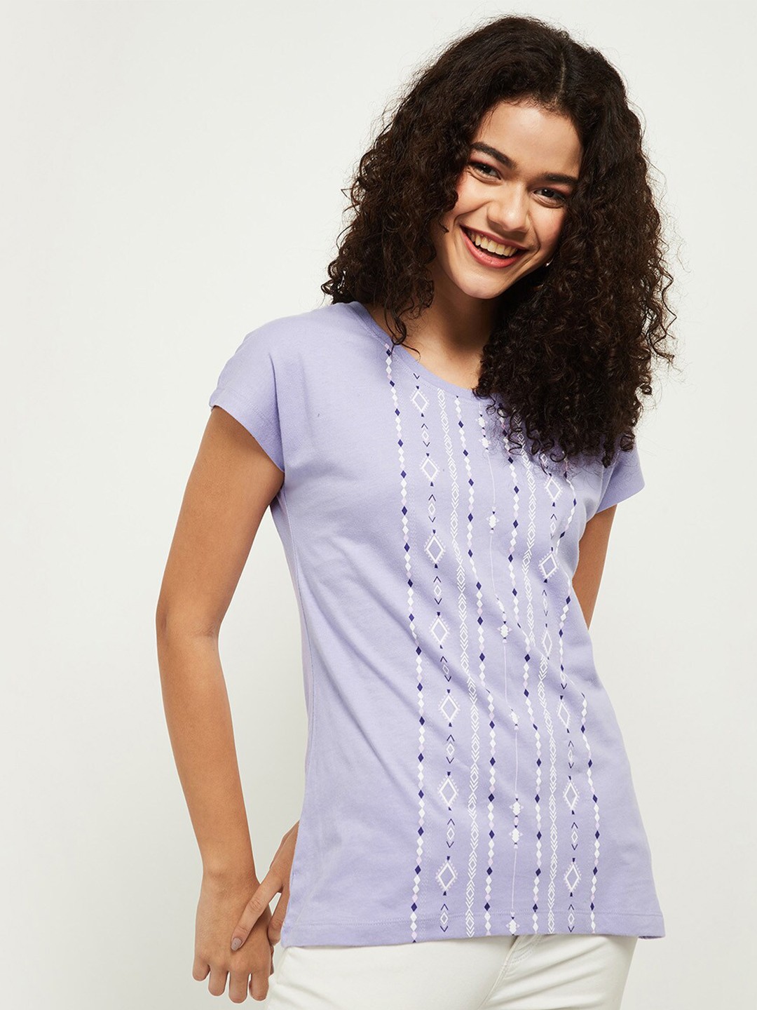 

max Women Purple & White Printed T-shirt