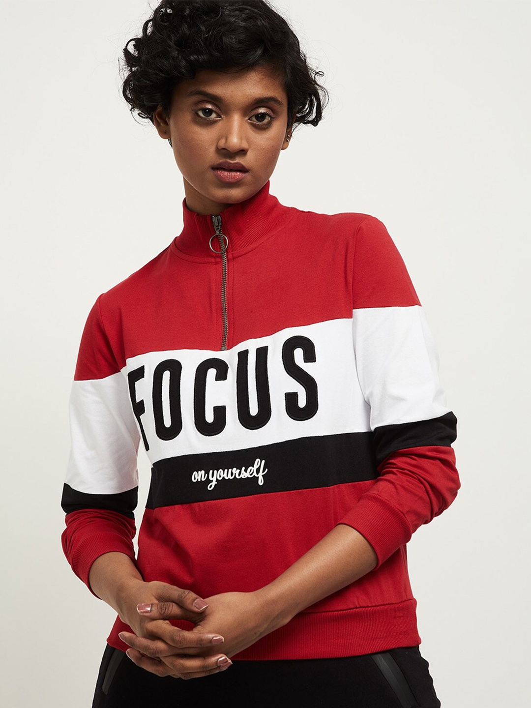 

max Women Red Typography Colourblocked Henley Neck T-shirt
