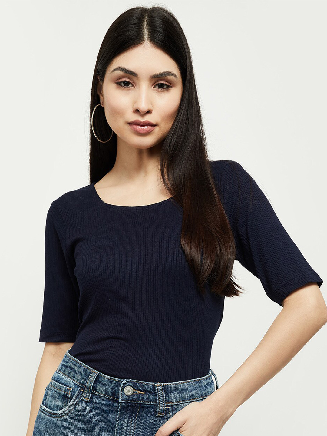 

max Women Navy Blue Solid T-shirt