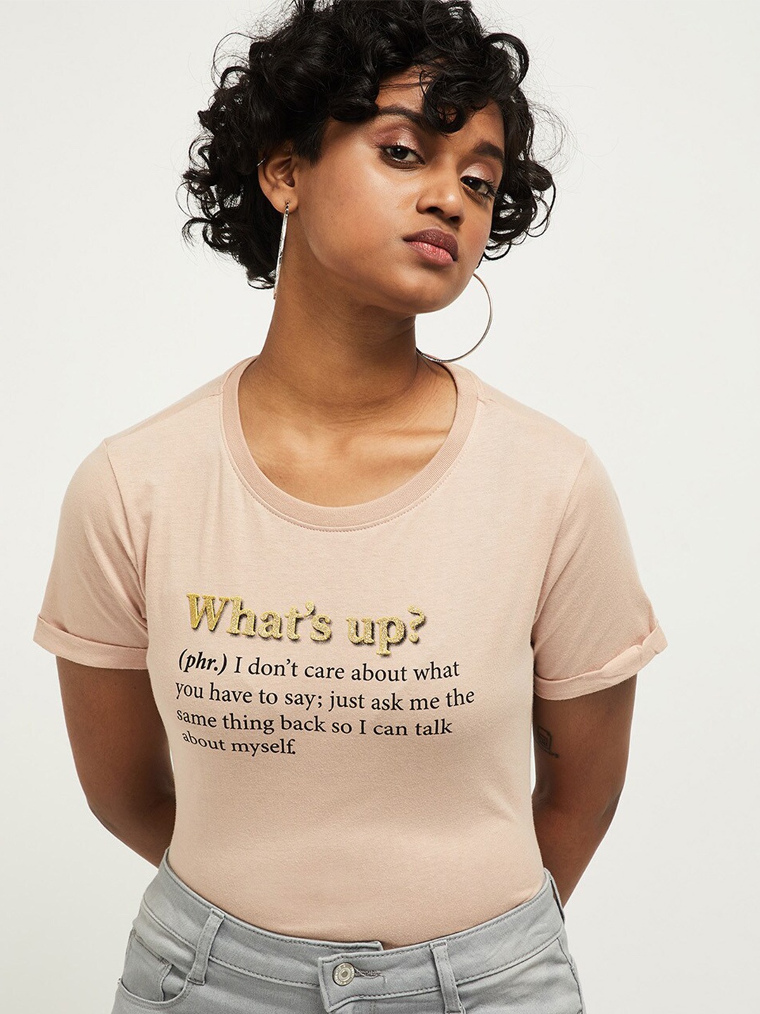 

max Women Tan Typography Printed Raw Edge T-shirt
