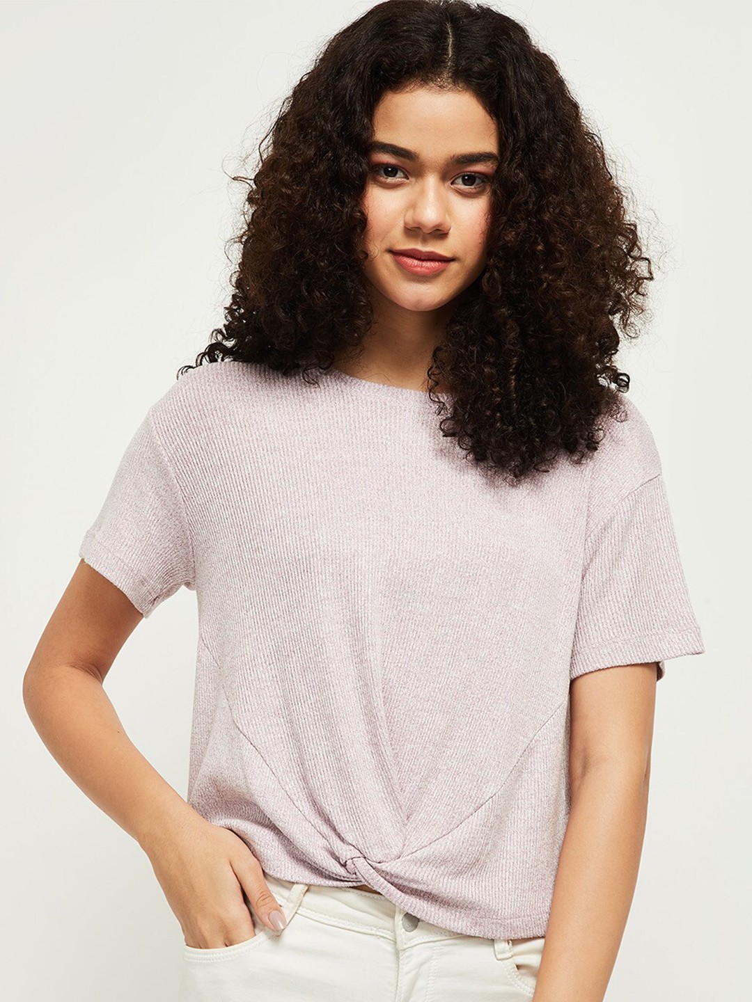 

max Women Purple V-Neck Pockets T-shirt