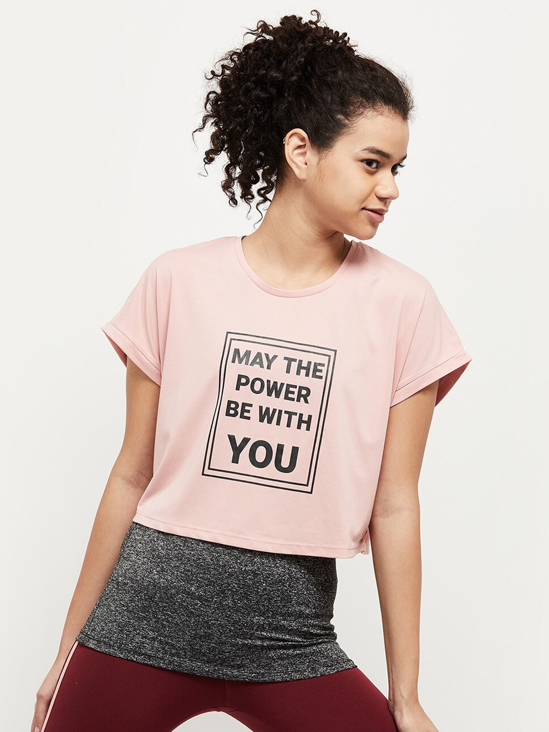 

max Women Pink Typography Printed Extended Sleeves T-shirt