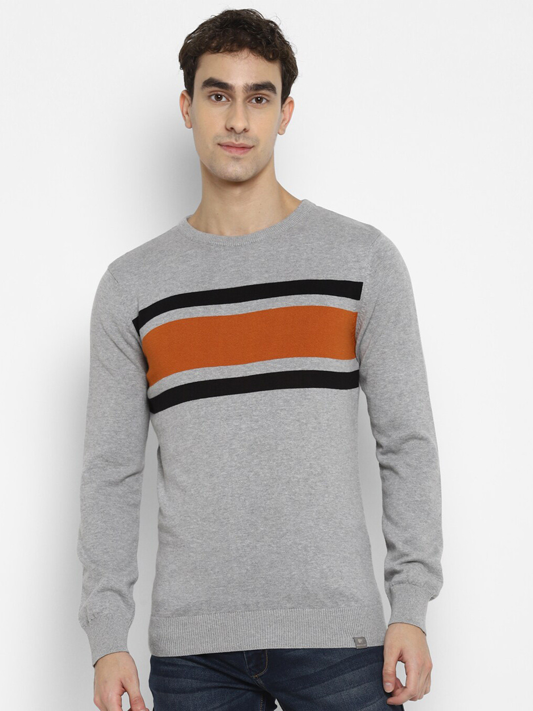 

Red Chief Men Grey & Orange Striped Cotton Pullover Sweater
