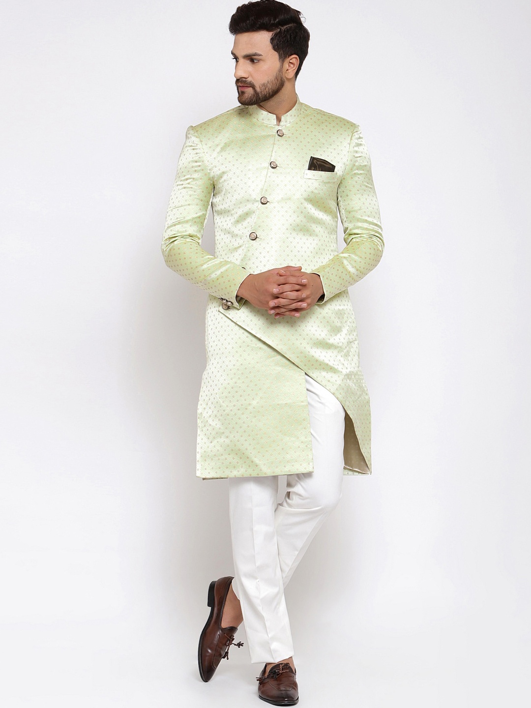 

KLOTTHE Men Green & Gold-Toned Woven-Design Sherwani Set