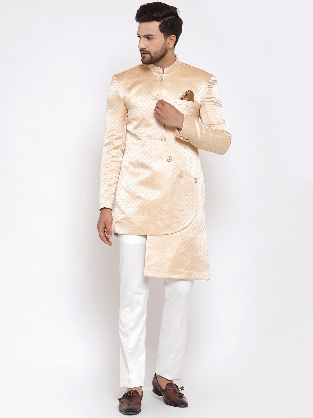 

Klotthe Men Orange Woven Design Indo-Western Sherwani Set