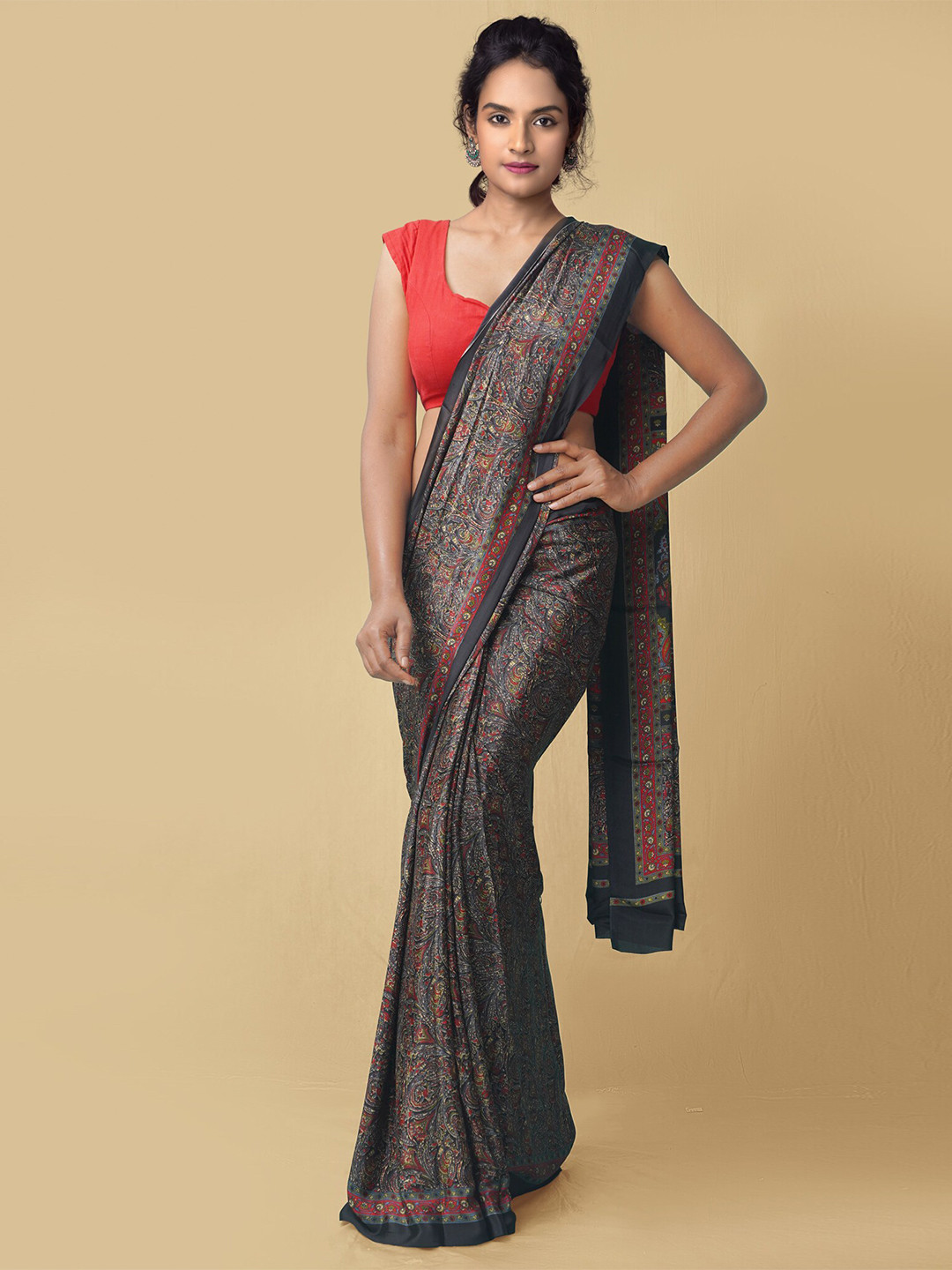 

Unnati Silks Black & Blue Floral Art Silk Block Print Saree