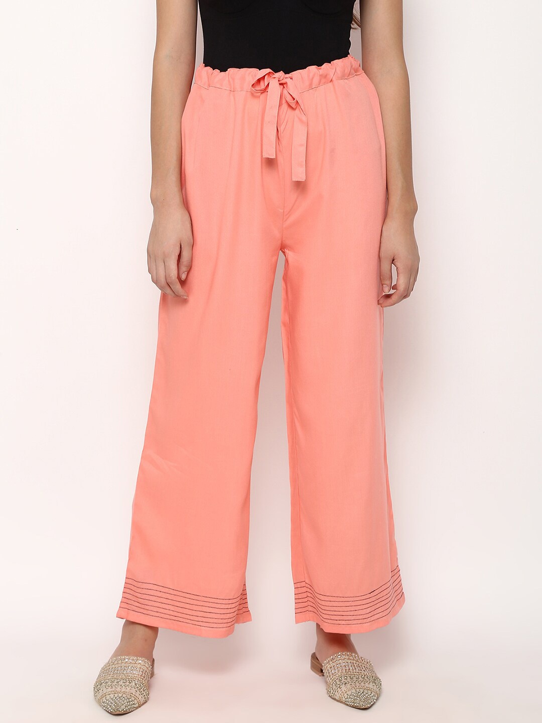 

V2 Value & Variety Women Peach-Coloured Hem Design Knitted Ethnic Palazzos