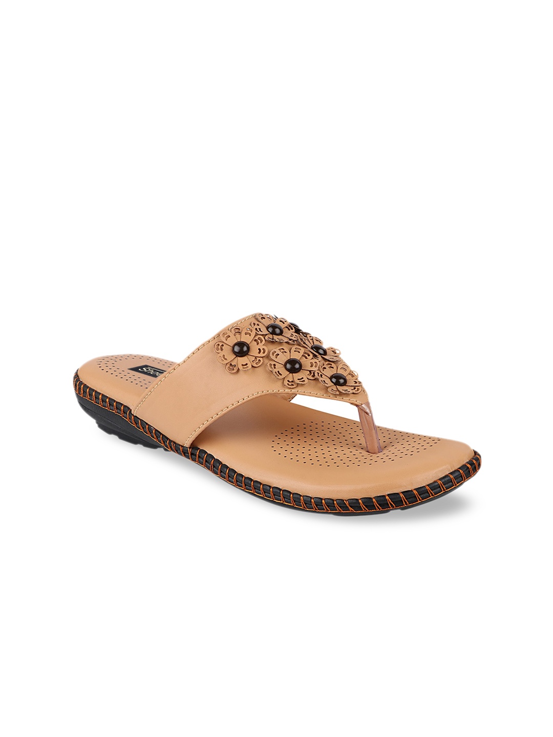 

Shoetopia Women Beige & Black Embellished T-Strap Flats
