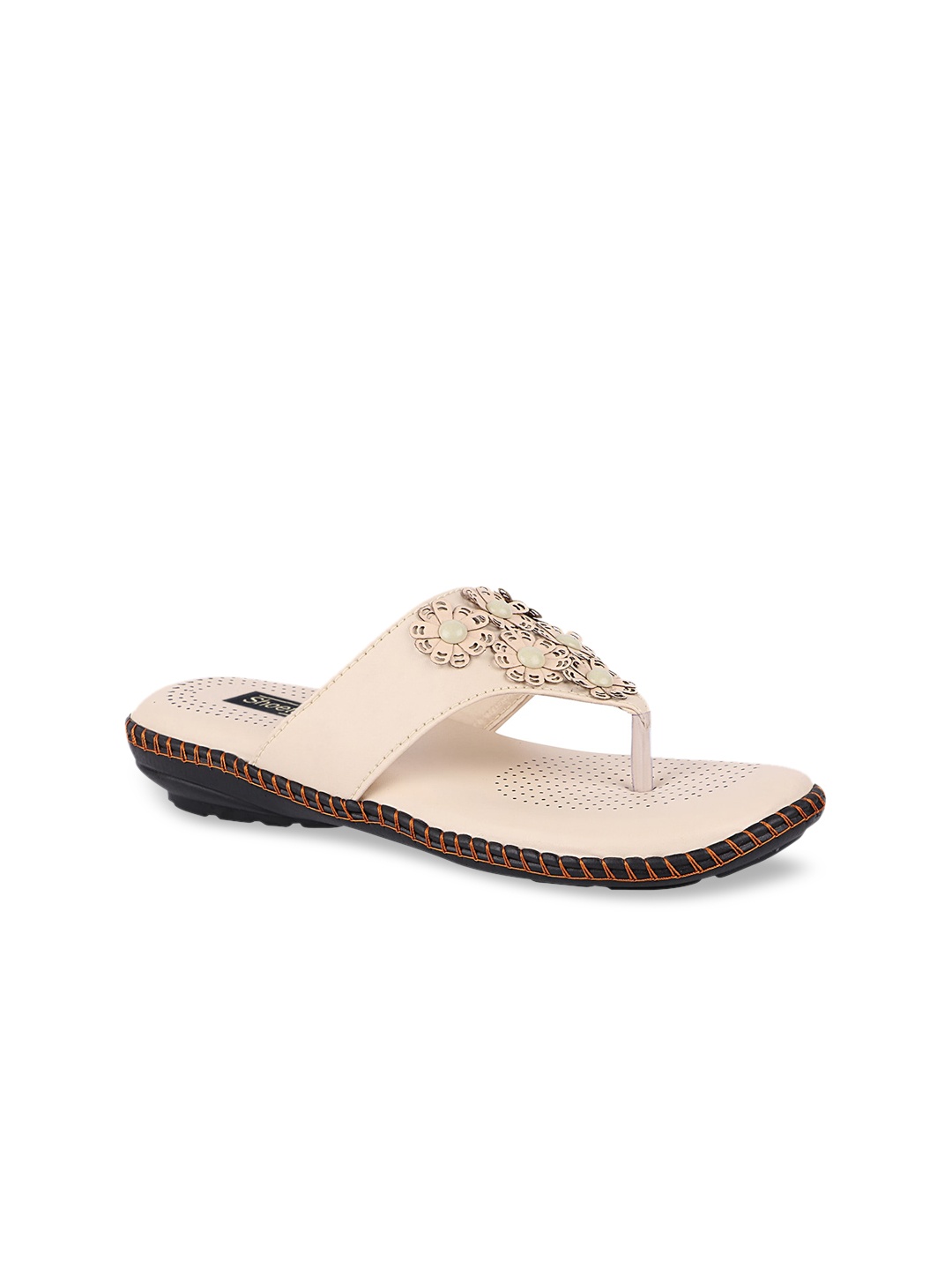 

Shoetopia Women Cream-Coloured & White Embellished T-Strap Flats