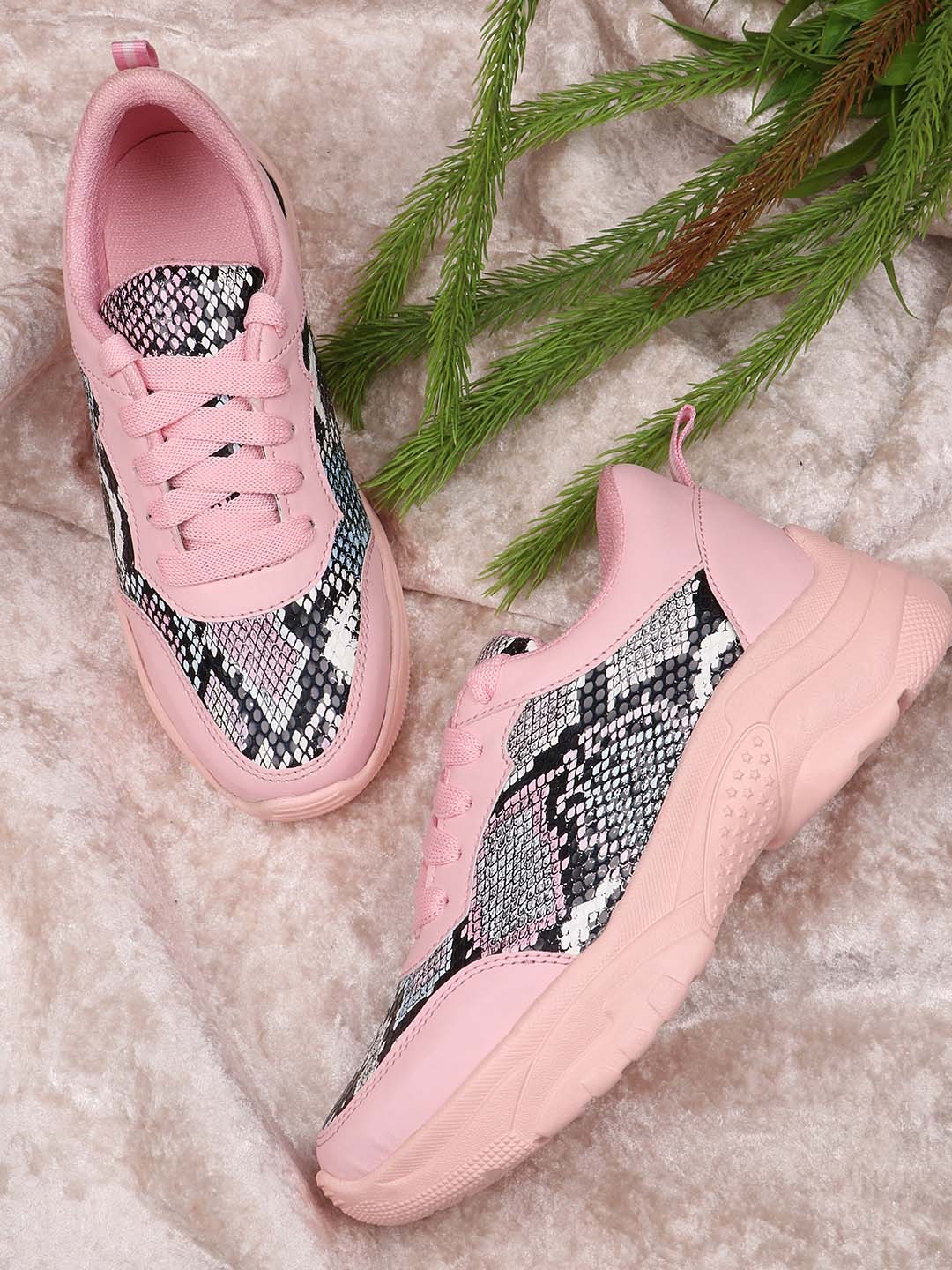 

Shoetopia Women Pink & Black Animal Textured Walking Non-Marking Shoes