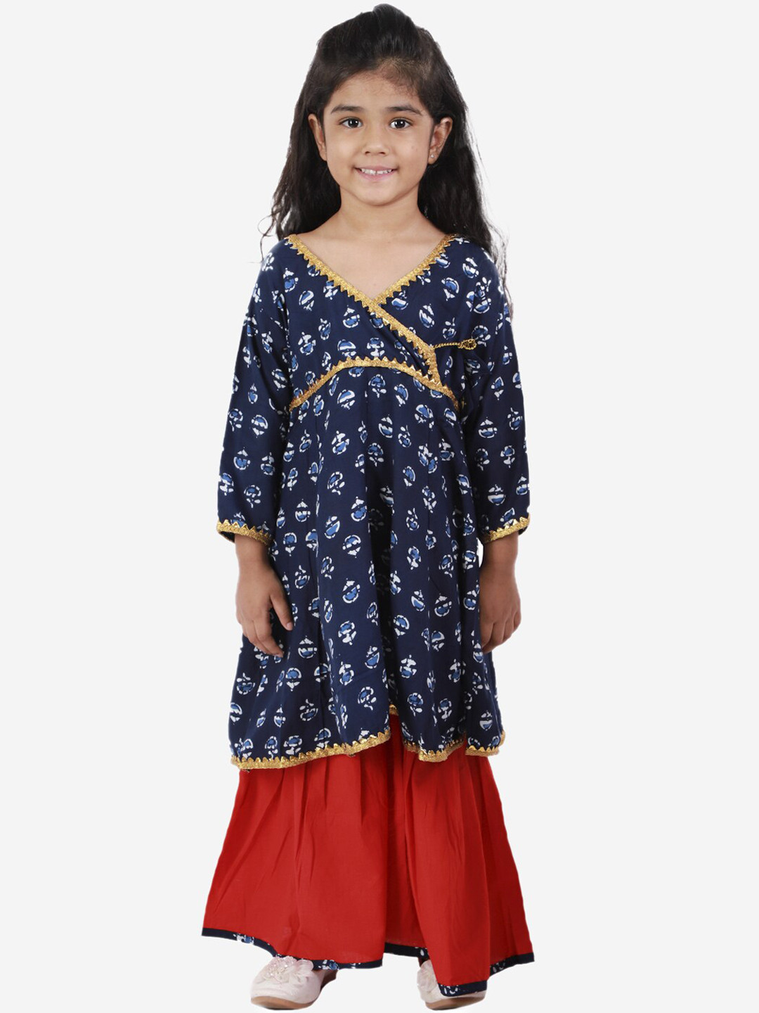 

ahhaaaa Girls Navy Blue & Red Jaipuri Printed Angrakha Pure Cotton Kurta with Sharara