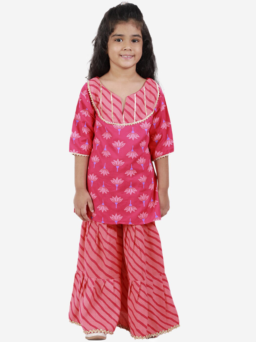 

ahhaaaa Girls Pink Printed Regular Gotta Patti Pure Cotton Kurti with Sharara