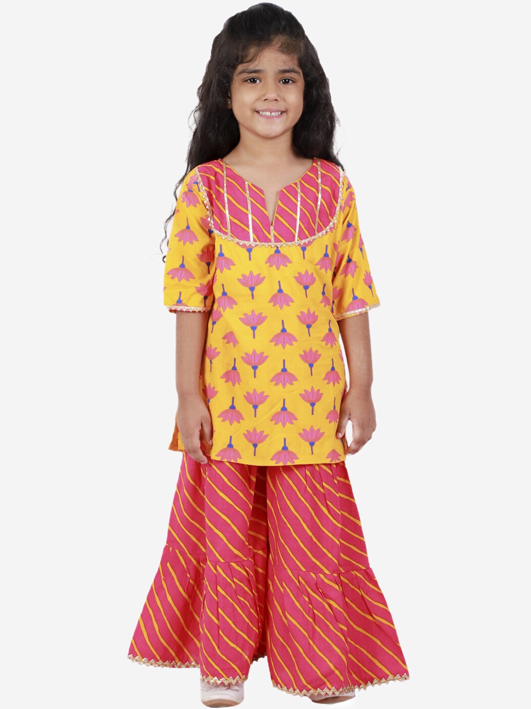 

ahhaaaa Girls Yellow & Pink Jaipuri Lotus Printed Pure Cotton Kurti with Sharara