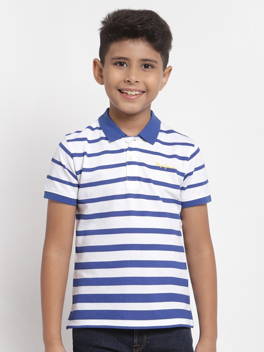 

Pepe Jeans Boys Blue & White Striped Polo Collar T-shirt