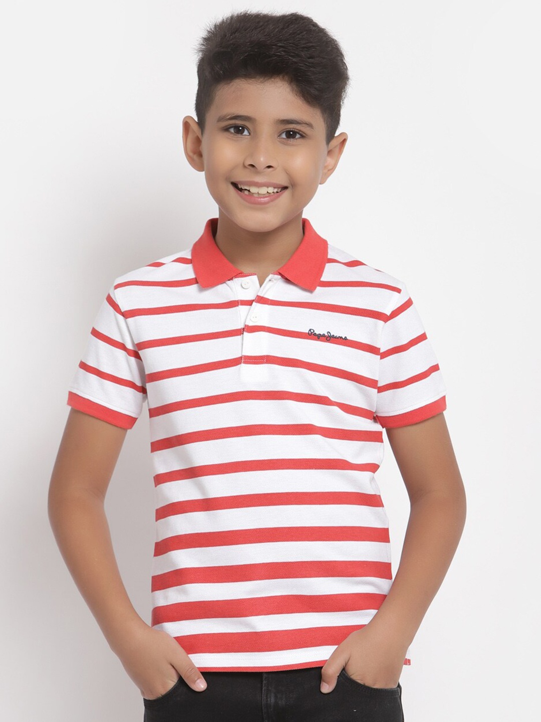 

Pepe Jeans Boys Red & White Striped Polo Collar T-shirt