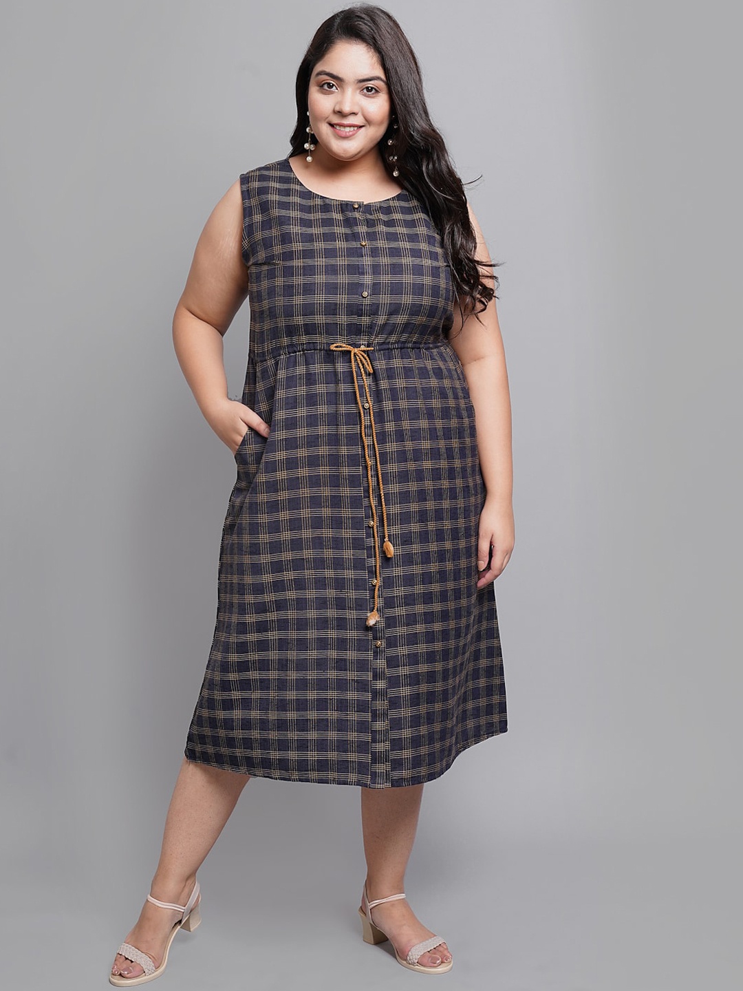 

PrettyPlus by Desinoor.com Navy Blue Checked A-Line Midi Dress