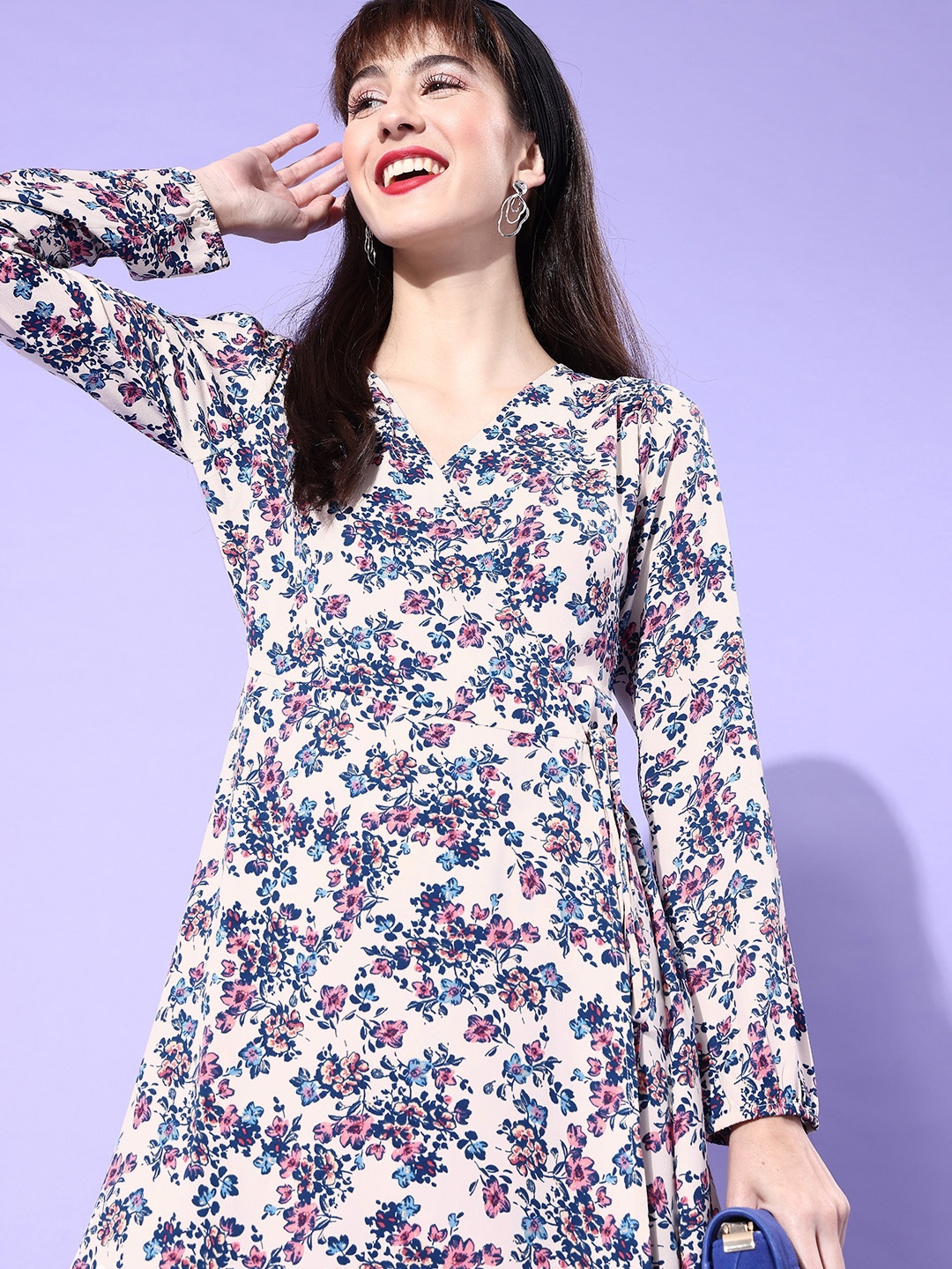

Berrylush White Floral Layered Crepe Fit and Flare Wrap Mini Dress