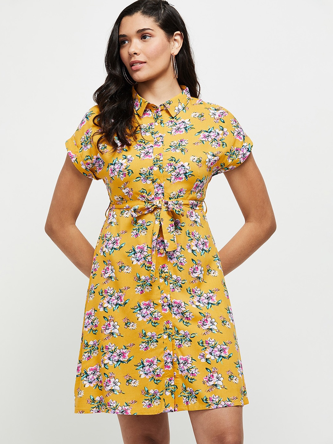 

max Mustard Yellow Floral Shirt Dress