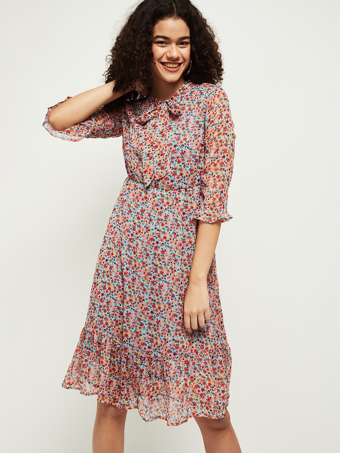 

max Blue Floral Tie-Up Neck A-Line Midi Dress