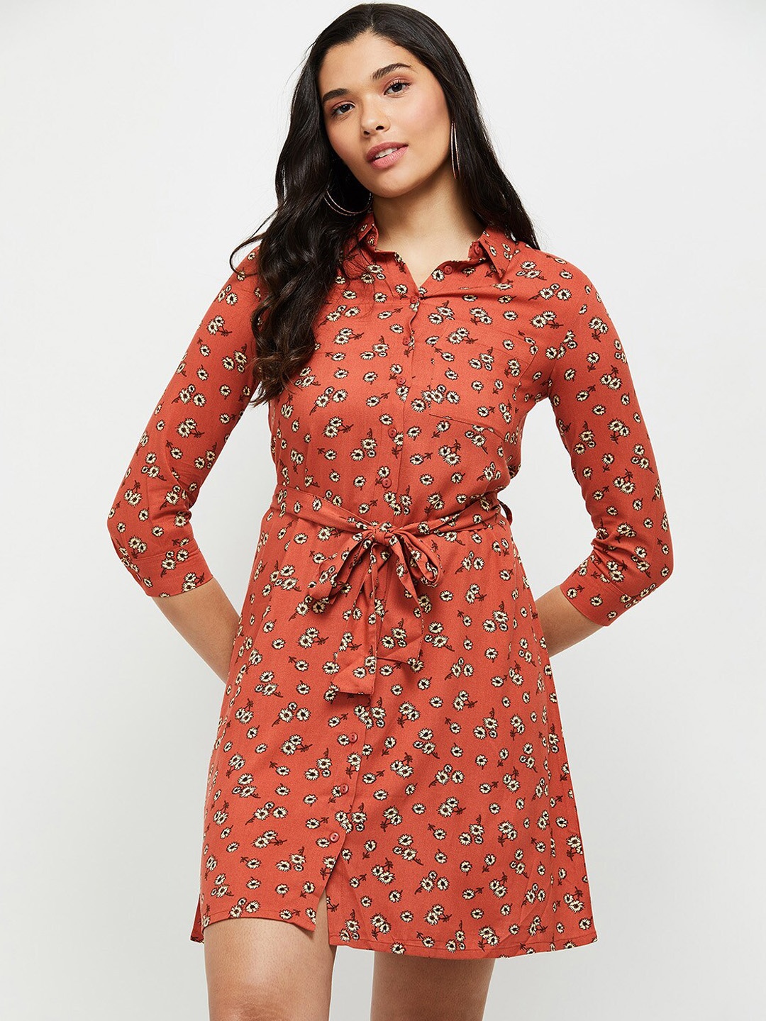 

max Rust Floral Shirt Dress