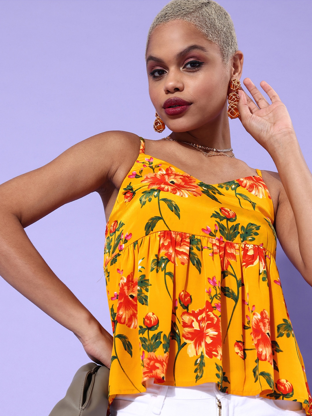 

Berrylush Yellow Floral Crepe Peplum Crop Top