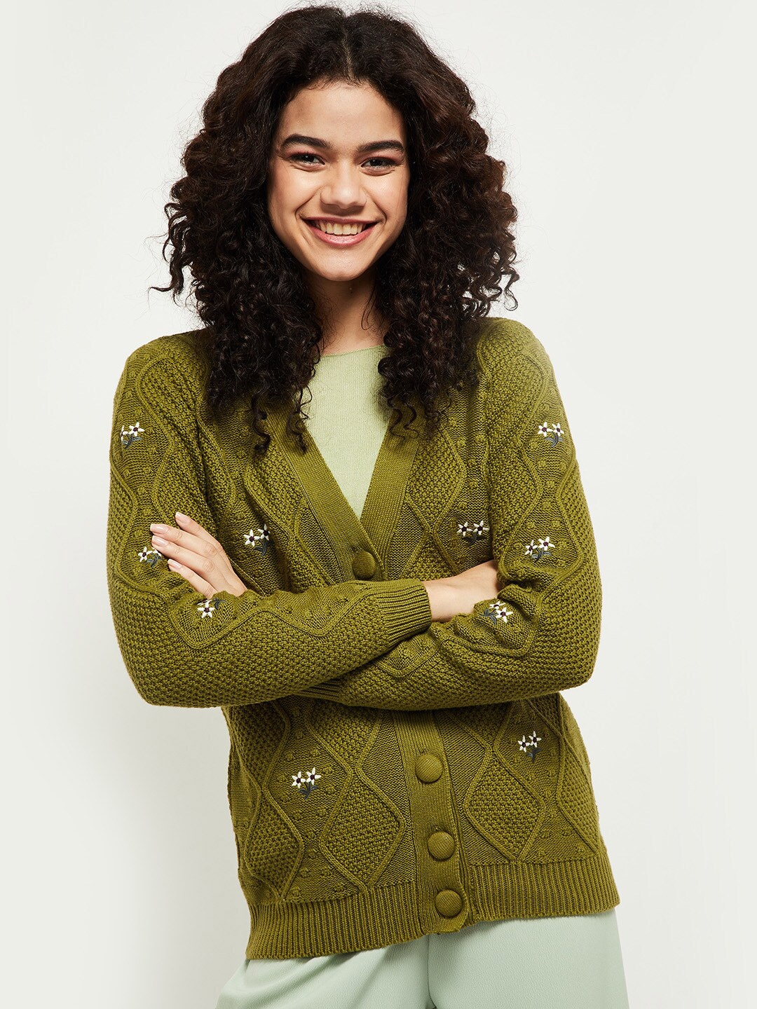 

max Women Olive Green & White Open Knit Pure Cotton Cardigan Sweater