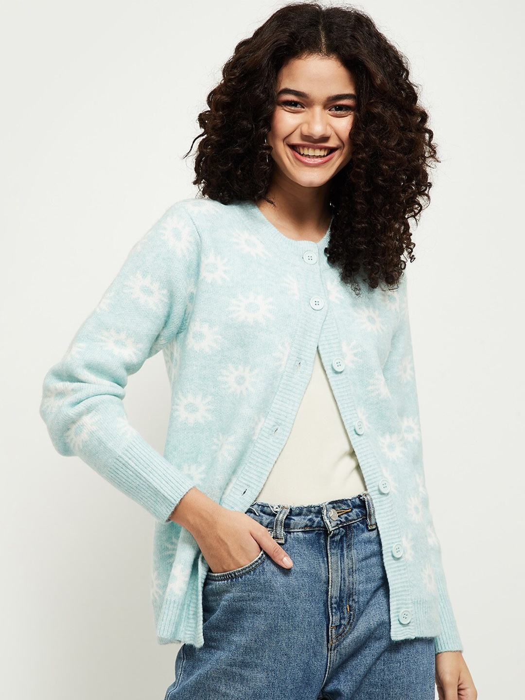 

max Women Blue & White Printed Cardigan Sweater