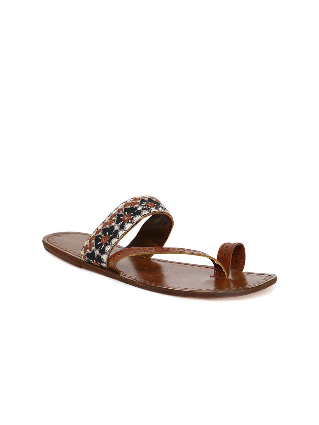 

Fabindia Women Brown & White Embroidered Leather One Toe Flats