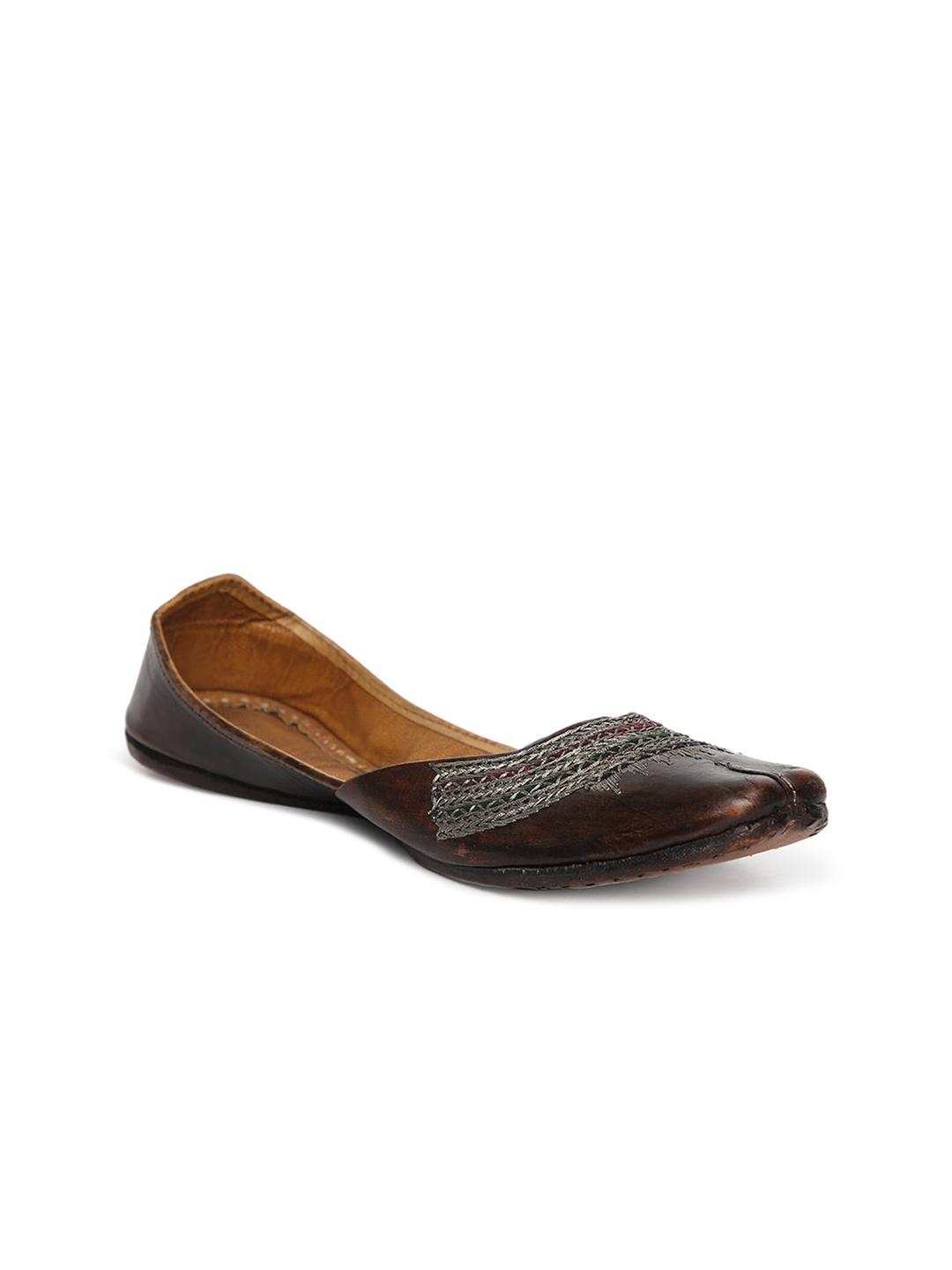

Fabindia Women Brown & Silver-Toned Zari Embroidered Leather Mojaris